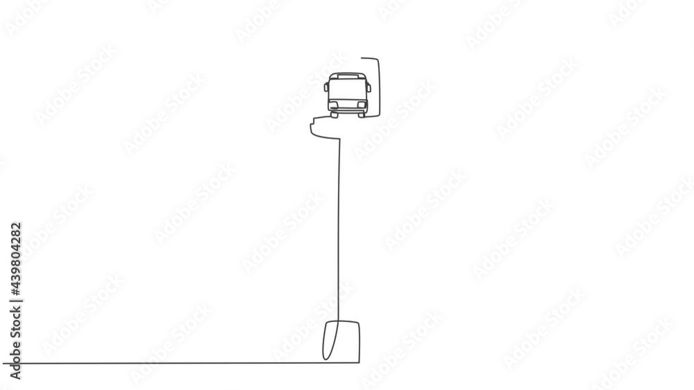 Poster self drawing animation of single one line draw a bus stop with a simple bus sign located on the side