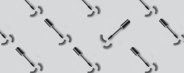 Set for eye lash extension on trendy gray background. Fake eyelashes, mascara brush, Beauty stylish seamless pattern concept, makeup cosmetics. Banner for site, header