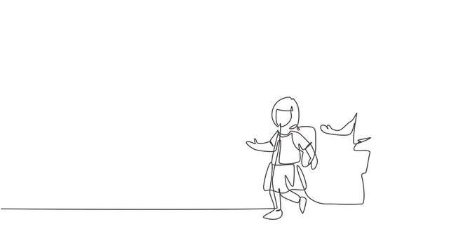 Animated self drawing of single continuous line draw elementary school students both boys and girls were running on the side of the road avoiding being late for school. Full length one line animation.