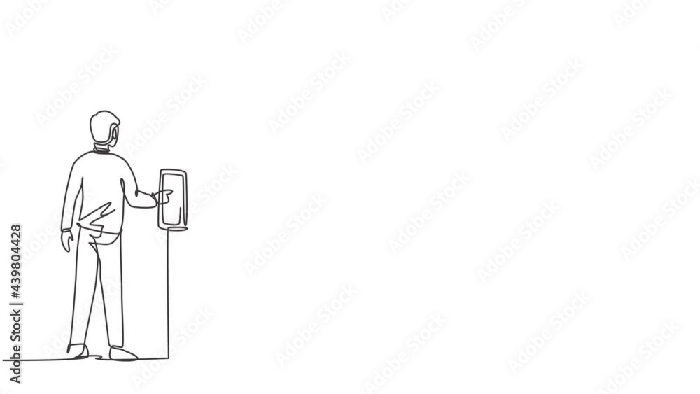 Poster animated self drawing of single continuous line draw a man pushes a button at a traffic light to cro