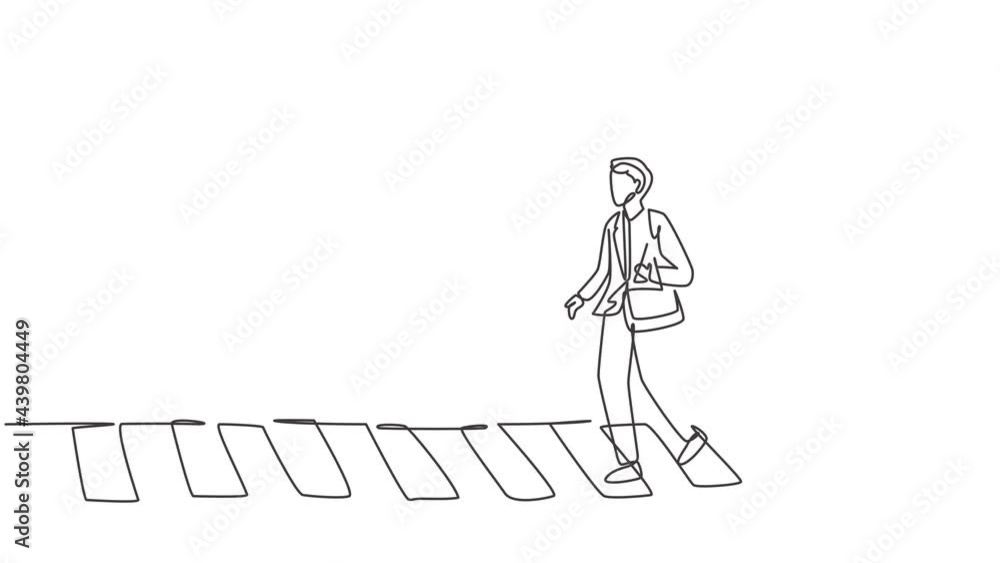 Poster animated self drawing of continuous one line draw a male worker crosses the road on the zebra crossi