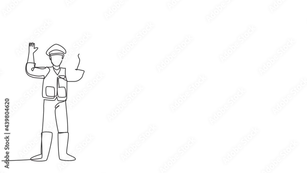 Poster animated self drawing of single continuous line draw policeman in full uniform and lifting traffic s