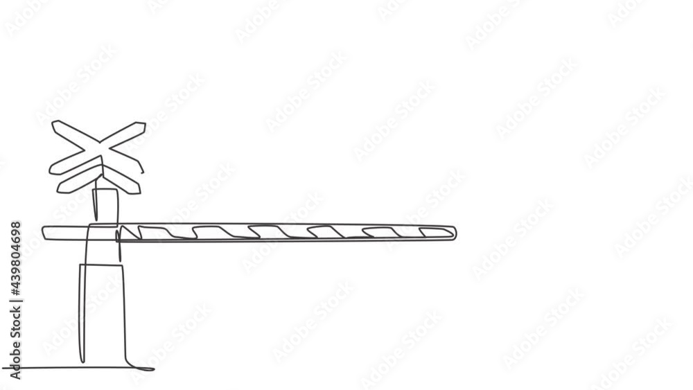 Poster animated self drawing of continuous one line draw a railway barrier with stripes, signs, warning lig