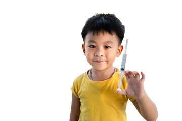 Happy kid Asian boy holding needle syringe vaccine dose isolated on white background. Little child smiling while injection treatment disease. Immunity chemistry research vaccination medical concept.