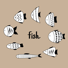 Set of isolated cute cartoon fish on beige background. Vector illustration with an inscription for fashion design, greeting cards, stationery. Flat style. 