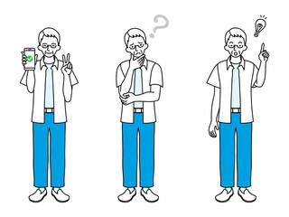 シニア男性　全身　バリエーション - スマホを持ってピースサイン、疑問、アイディアが浮かぶ