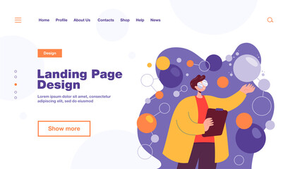 Cartoon character doing scientific research. Flat vector illustration. Scientist in lab coat studying neuroscience, AI, neuron algorithms. Modern technology, research, discovery concept for design