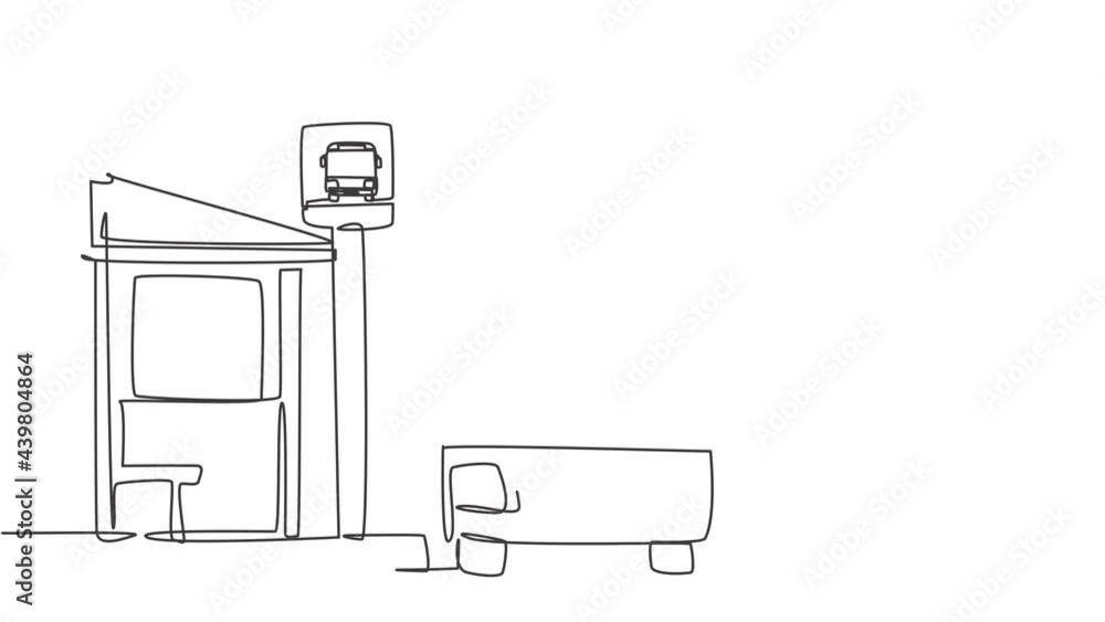 Poster self drawing animation of single one line draw bus stop with shelter, simple bus sign and bus waitin