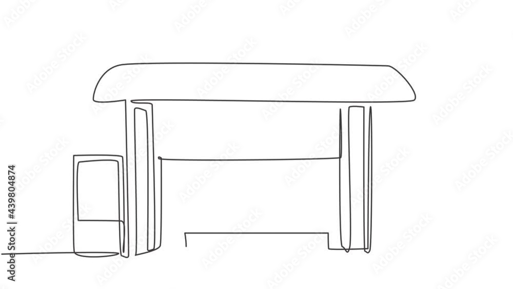 Poster self drawing animation of single one line draw bus stops with shelter, simple bus signs and trash ca