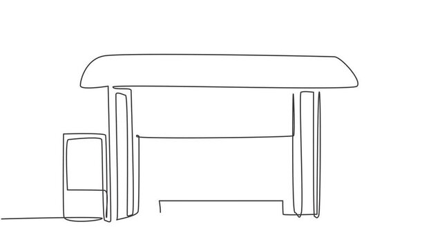 Self drawing animation of single one line draw bus stops with shelter, simple bus signs and trash cans located on side of urban roads where passengers get on, off. One line draw. Full length animated.