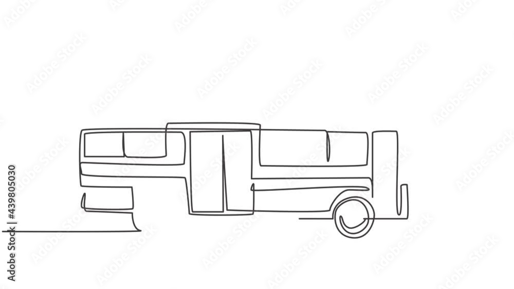 Poster self drawing animation of single one line draw city buses seen from the side serving commuter passen