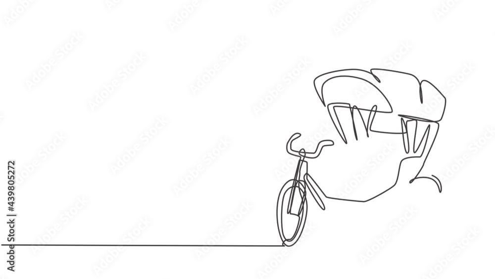 Poster self drawing animation of single one line draw cycle rickshaw with three wheels and a rear passenger