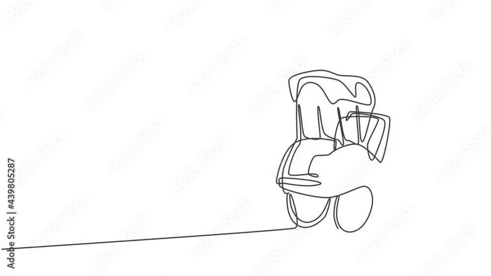Poster animation of single one line drawing pedicab with three wheels passenger seat at the front driver co