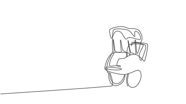 Animation of single one line drawing pedicab with three wheels passenger seat at the front driver control at the rear often found in Indonesia. Continuous line self draw animated. Full length motion.