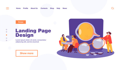 Tiny ophthalmologists checking patient vision isolated flat vector illustration. Cartoon doctor in uniform making eye surgery laser correction. Optical medicine and healthcare concept