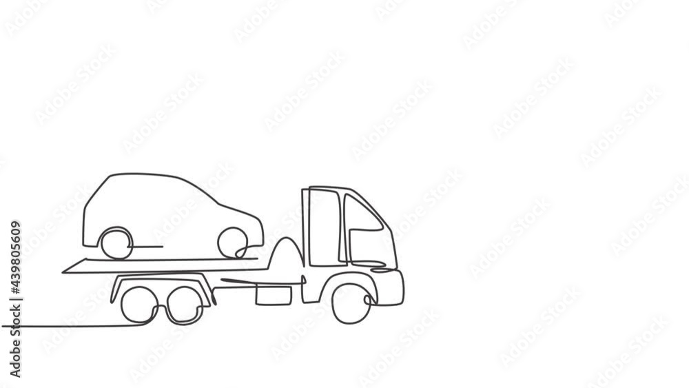 Poster animated self drawing of single continuous line draw tow truck is transporting broken car on top of 