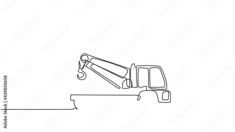 Poster self drawing animation of single continuous line draw the tow truck seen from the side ready to help