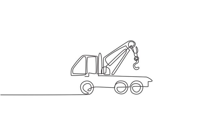 Animated self drawing of continuous one line draw tow truck lifting the broken car to be lifted onto it using the crane. The car was damaged in a traffic accident. Full length single line animation.