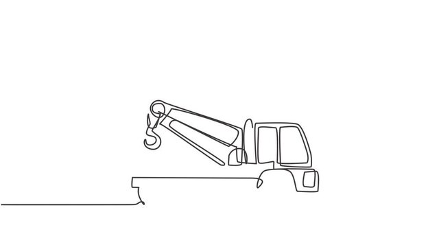 Self drawing animation of single continuous line draw the tow truck seen from the side ready to help driver whose car is damaged on the highway. Insurance facility. One line draw. Full length animated
