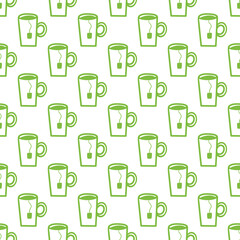 Doodle vector seamless pattern background with green tea cups with tea bags for breakfast design.