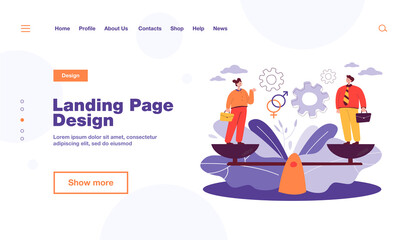 Tiny people standing on weighing dishes of balance scale isolated flat vector illustration. Cartoon smiling man and woman comparing workforce. Gender discrimination and entrepreneurship concept