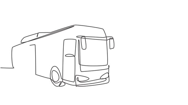 Animated self drawing of single continuous line draw city buses serving commuter employees, school students depart from their homes to their respective destinations. Full length one line animation.