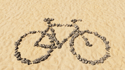 Concept conceptual stones on beach sand handmade symbol shape, golden sandy background, bicycle sign.  3d illustration metaphor for recreation,  health, sport, ecological transportation or work