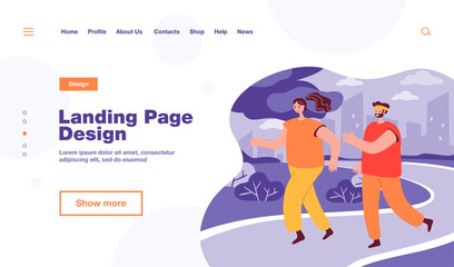 Happy couple running together in park. Male and female cartoon persons jogging in summer flat vector illustration. Healthy lifestyle, fitness concept for banner, website design or landing web page