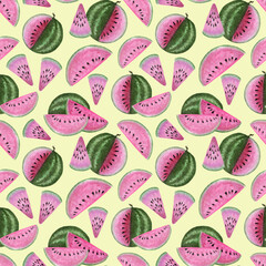 watercolor watermelons seamless pattern. juicy watermelon hand drawn illustration