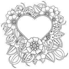 Fototapeta na wymiar Mehndi flower with frame in shape of heart for henna, mehndi, tattoo, decoration. decorative ornament in ethnic oriental style. doodle ornament. coloring book page.