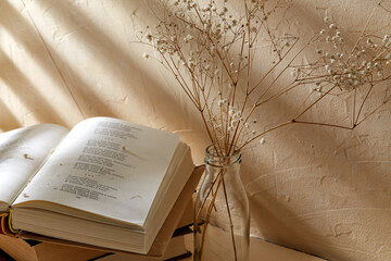 home improvement and decoration concept - still life of books and decorative dried baby's breath flowers in glass bottle over beige background with shadows