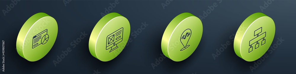 Wall mural set isometric line website statistic, ui or ux design, front end development and site map icon. vect