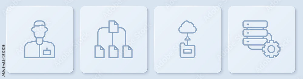 Aufkleber set line analyst engineer, cloud technology data transfer, folder tree and server and gear. white sq