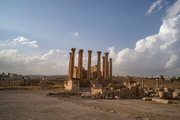 Temple of Artemis in the ancient Roman city of Gerasa preset-day Jerash, Jordan. High columns of...