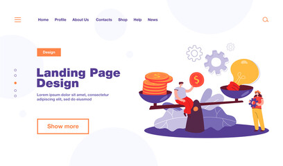 Creative tiny people giving price for idea with scales flat vector illustration. Cartoon character buying innovation and paying money. Comparison, startup valuation and assessment concept