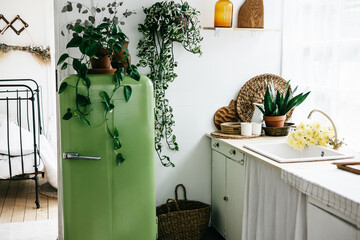 retro design kitchen with white sink and green refrigerator in a wooden rustic house with cute wood...