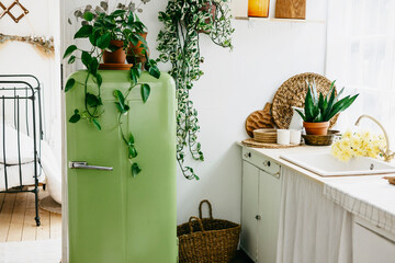 retro design kitchen with white sink and green refrigerator in a wooden rustic house with cute wood...