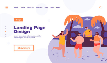 Cartoon people dancing on summer beach. Flat vector illustration. Friends having fun during tropical party with DJ and sunset in background. Music, party, friendship, seaside concept for banner design