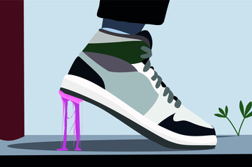 pink chewing gum stuck to the shoe vector illustration