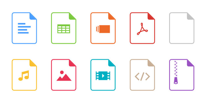 Outline file type icon set with rounded corners on white background