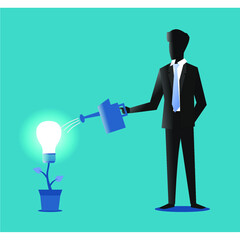 business man watering plants in pots and in the shape of a light bulb
