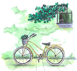 hand drawn watercolor bike  summer