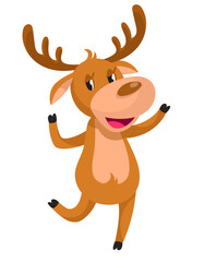 Dancing Christmas deer. Smiling character in cartoon style.