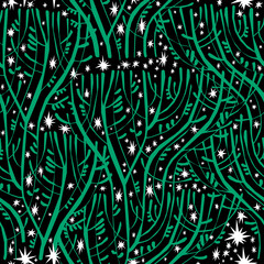 Tree branches at dreamy magic night with stars in the sky. Natural seamless pattern in minimalism aesthetic background.