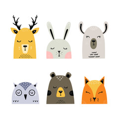 Set of a animals, characters in scandinavian style - Rabbit, bear, owl, lama, fox, deer - Vector illustration, isolated