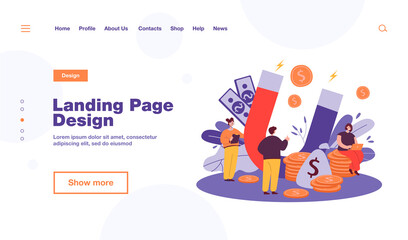 Tiny people attracting and saving money with giant magnet. Flat vector illustration. Fast cash loan for entrepreneurs online, increasing profits and income. Wealth, business, financial energy concept