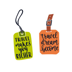 Two luggage tags with travel inspiration quotes.