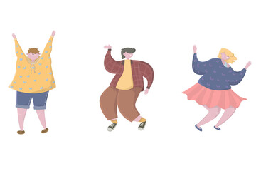 Set of happy people showing various positive position. Happy young people dance and jumping. Different teenage in motion. Active schoolchildren having fun. Flat vector cartoon illustration isolated