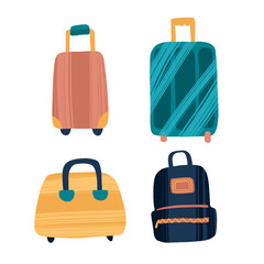Suitcases, backpacks and travel bags in trendy flat style with dry brush texture.