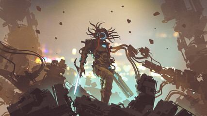 futuristic man with high-tech weapons standing on the rubble, digital art style, illustration painting